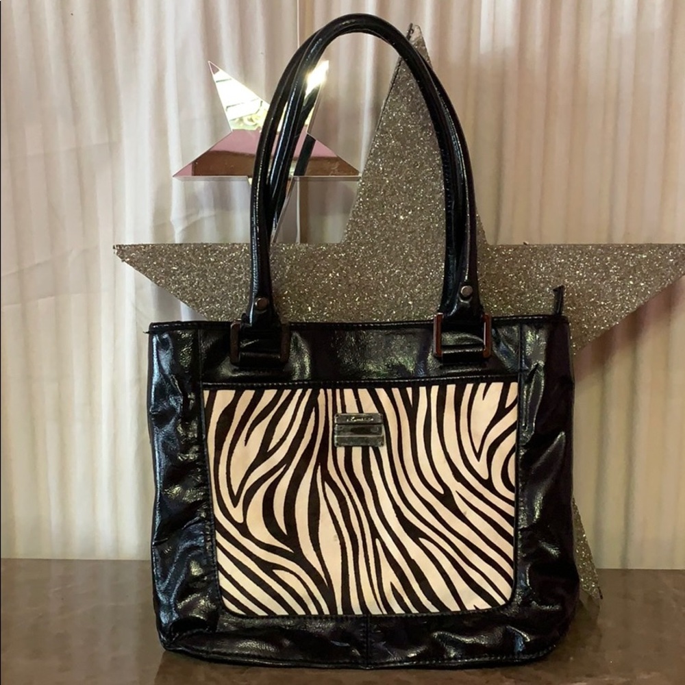 Anne Klein patent leather and zebra print bag